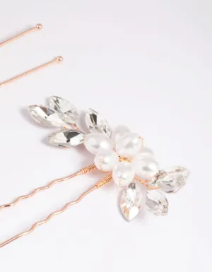 Rose Gold Diamante Pearl FLower Hair Pins