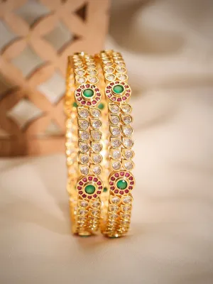 Rubans Set Of 2, 24K Gold Plated Red & Green Zircons Bangles