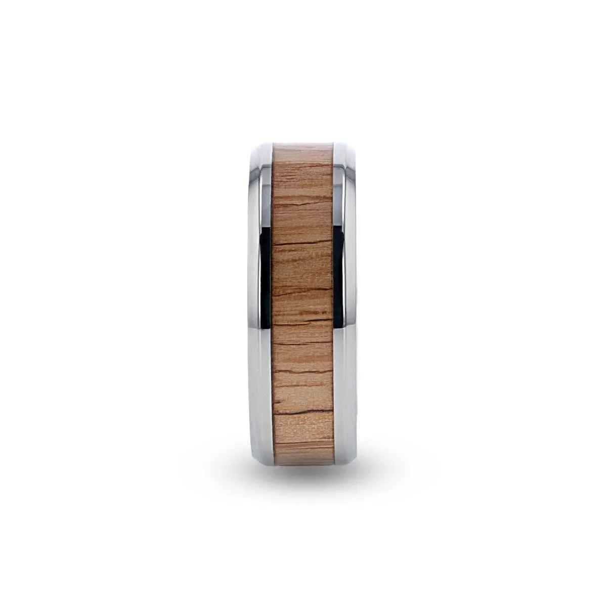 RUBRA | Silver Titanium Ring, Red Oak Wood Inlay, Beveled