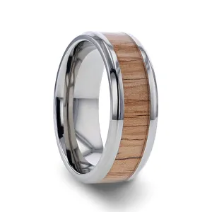 RUBRA | Silver Titanium Ring, Red Oak Wood Inlay, Beveled