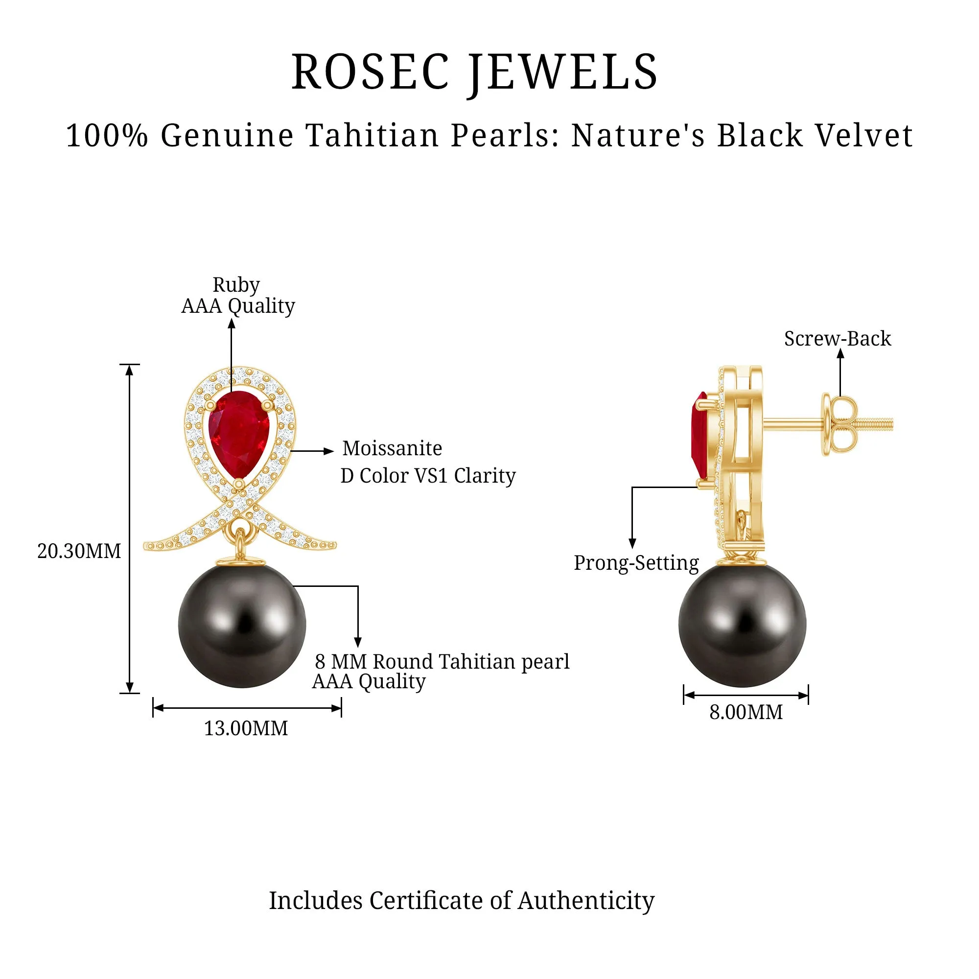 Ruby and Moissanite Teardrop Earrings with Tahitian Pearl Drop