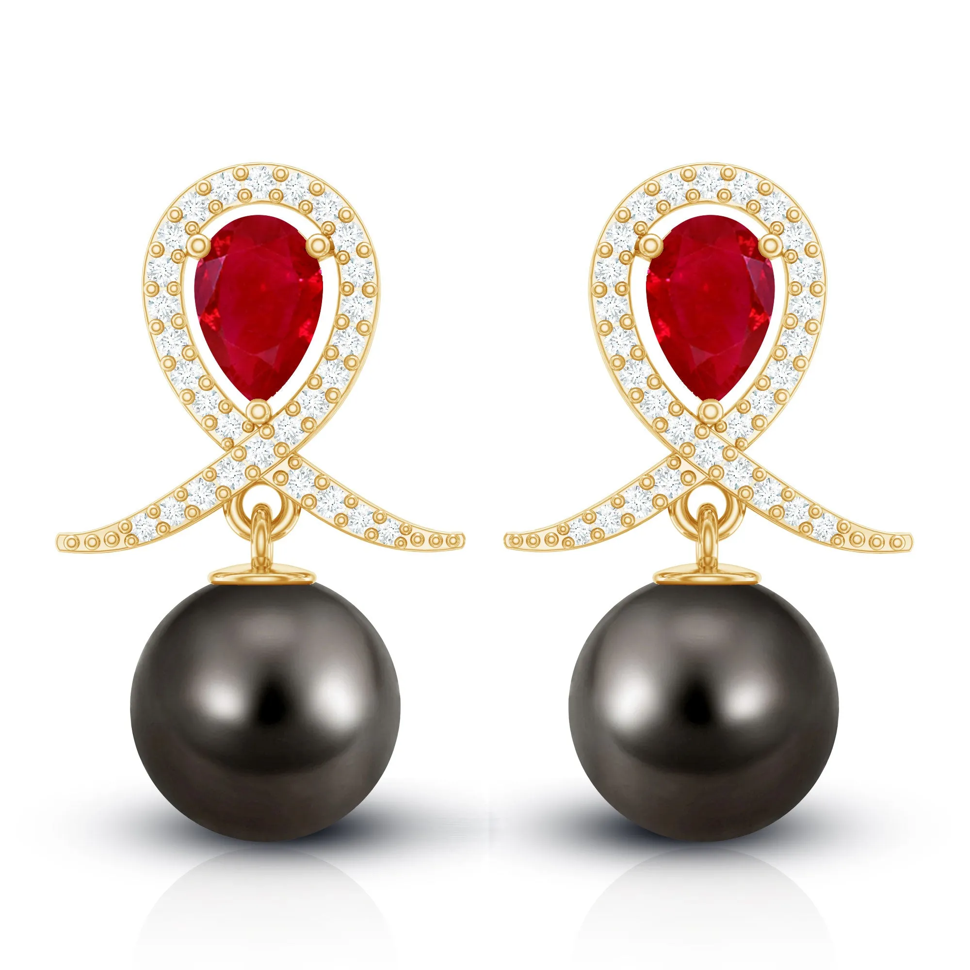 Ruby and Moissanite Teardrop Earrings with Tahitian Pearl Drop