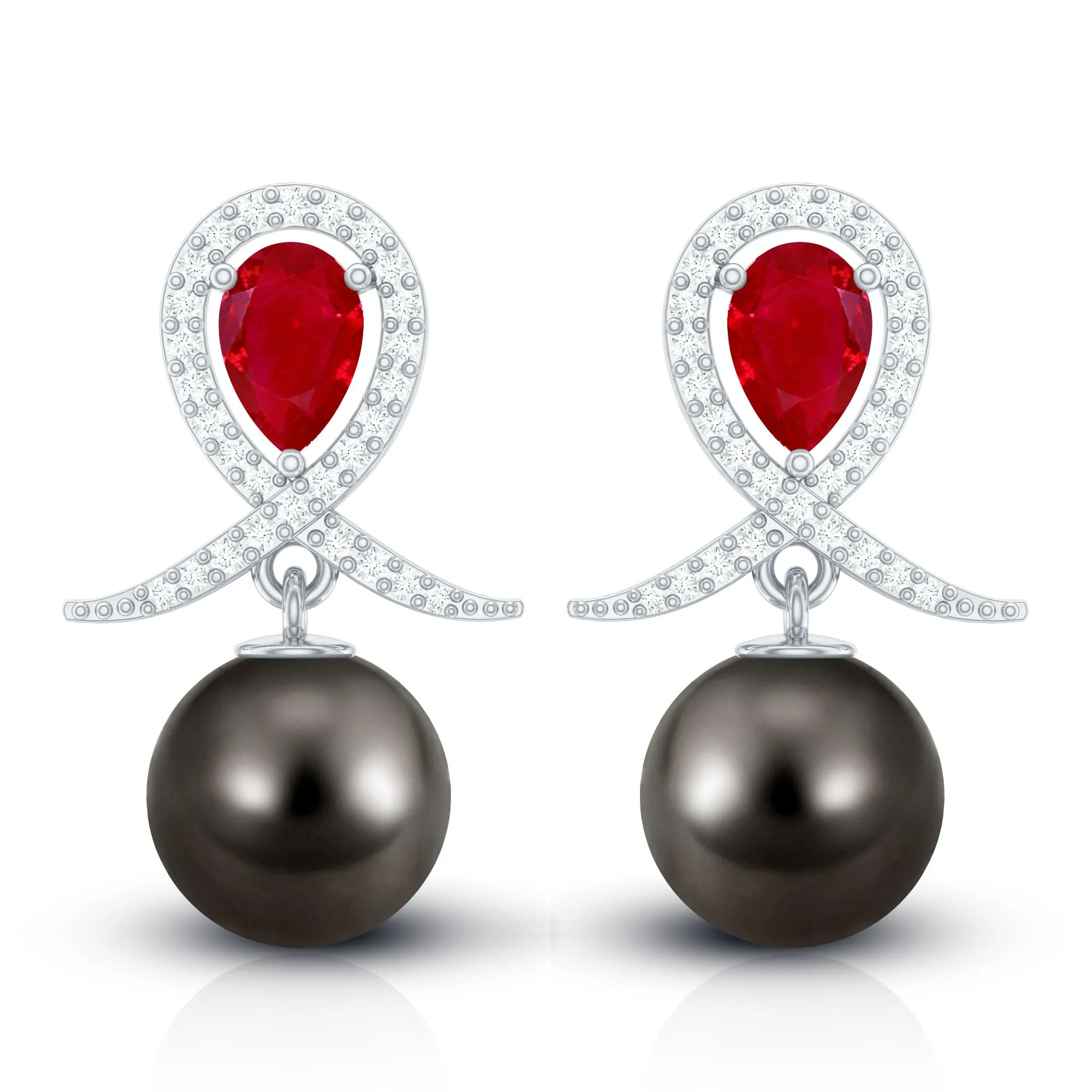 Ruby and Moissanite Teardrop Earrings with Tahitian Pearl Drop