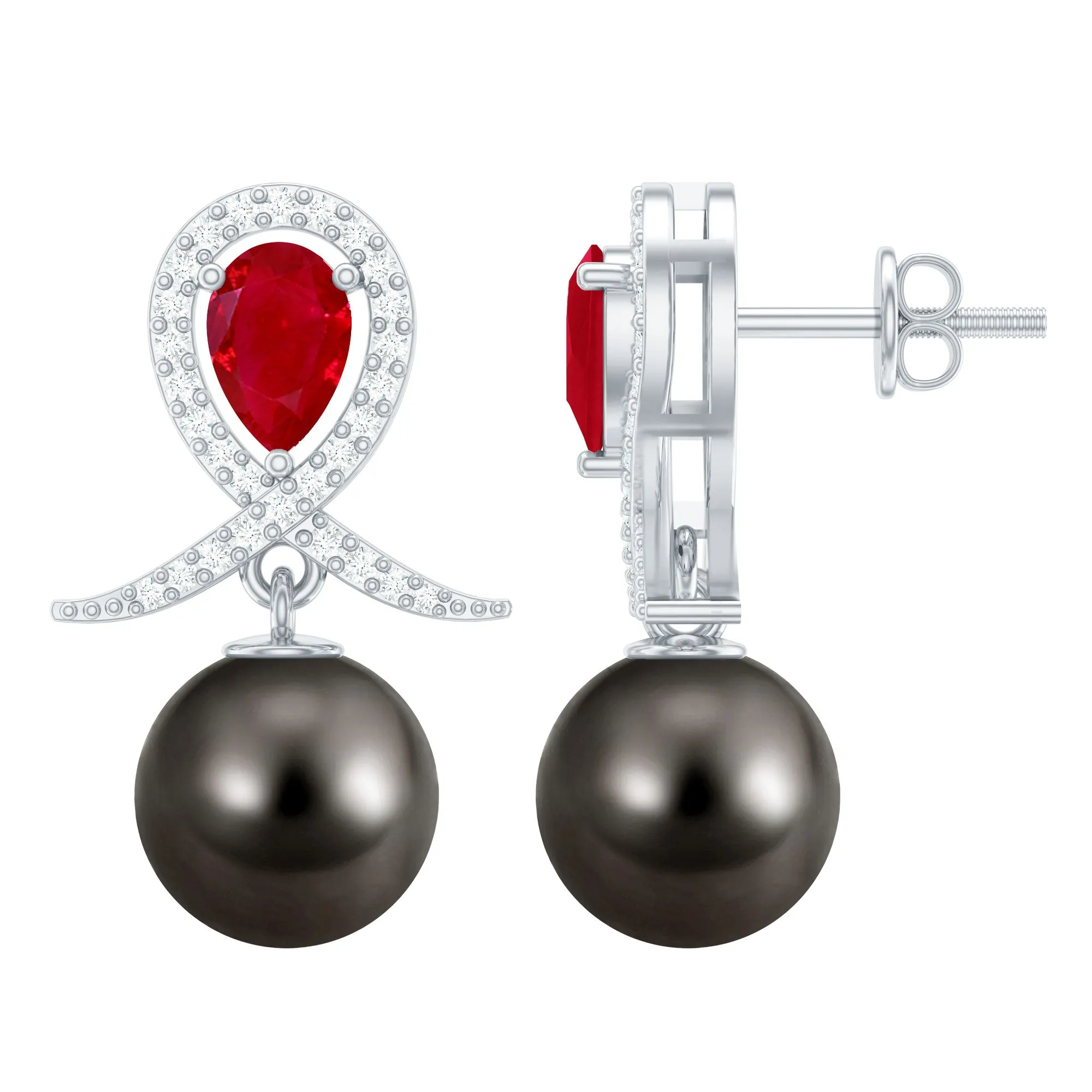 Ruby and Moissanite Teardrop Earrings with Tahitian Pearl Drop