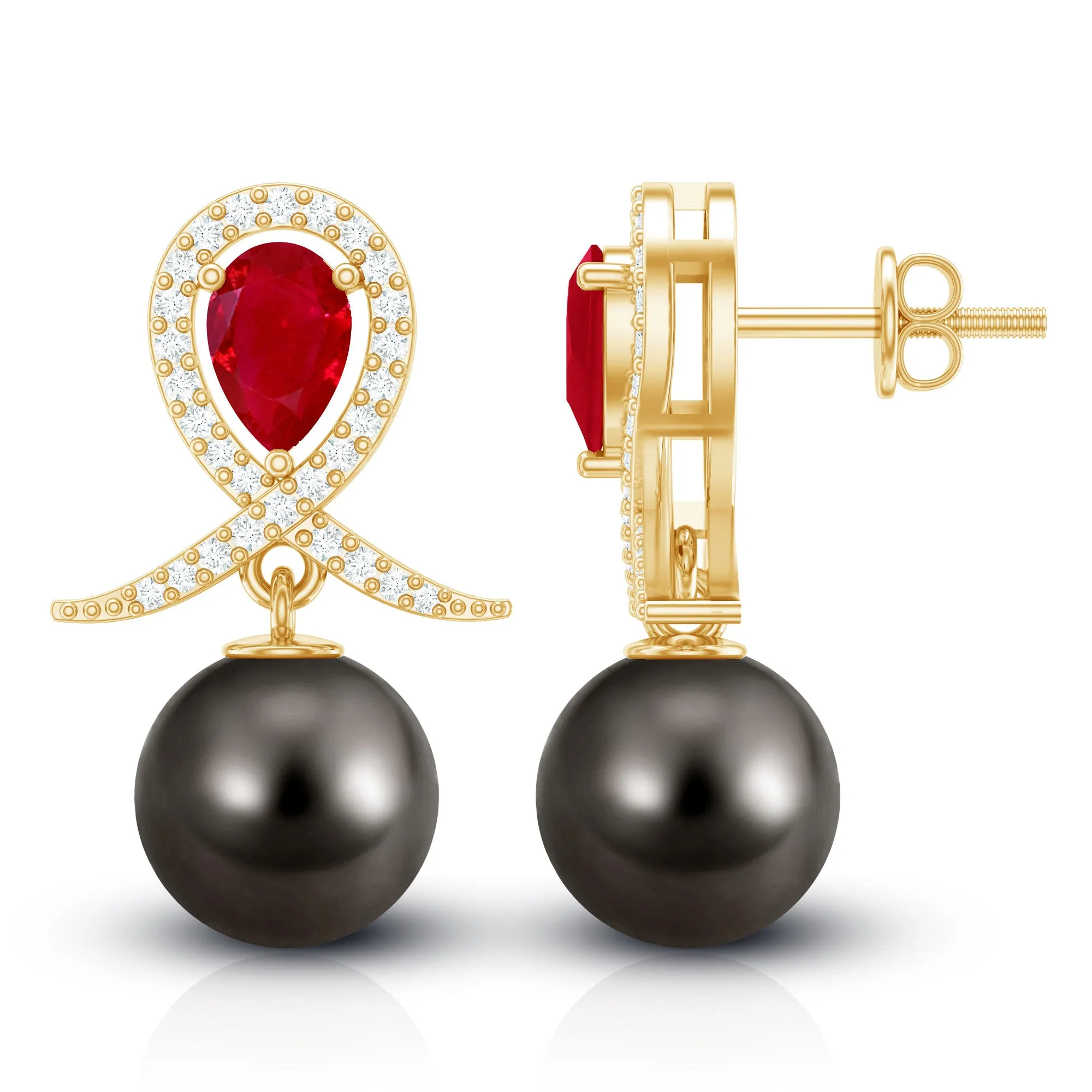 Ruby and Moissanite Teardrop Earrings with Tahitian Pearl Drop