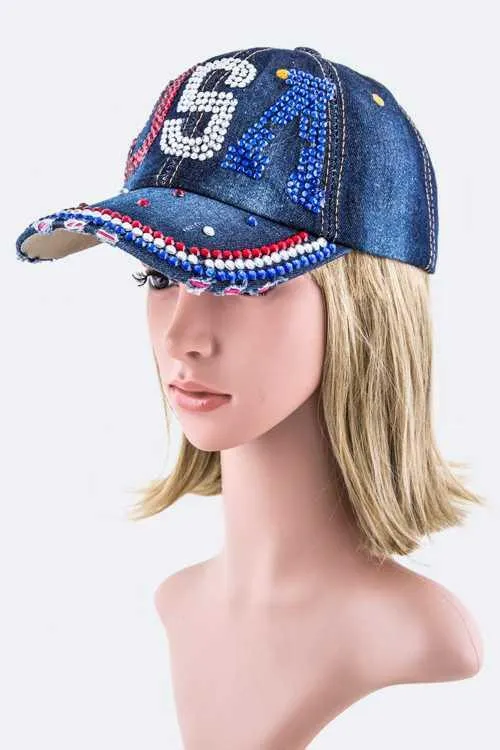 Sassy Rhinestone USA Fashion Denim Cap