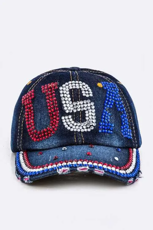 Sassy Rhinestone USA Fashion Denim Cap