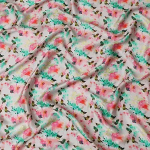 Soft Coral & Mint Floral Silk Satin Fabric with Mirror Work - 110 cm Width-D20286