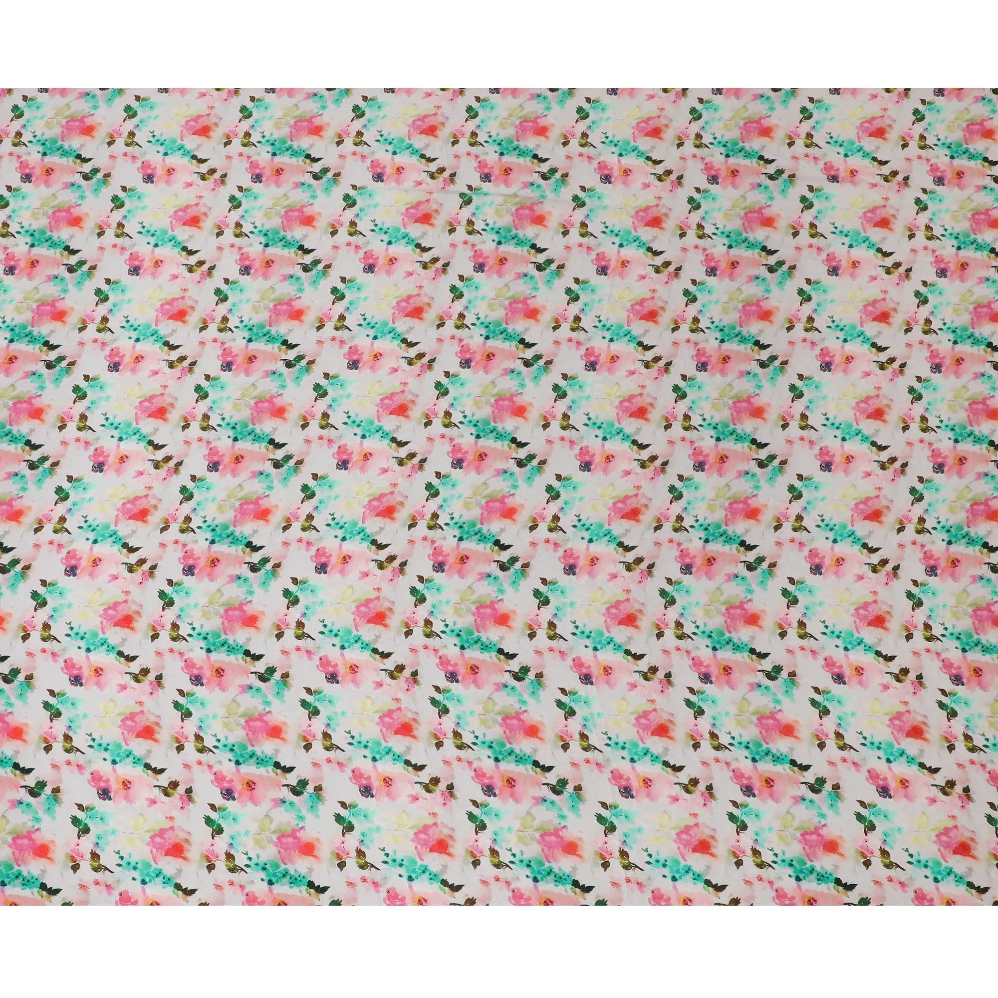 Soft Coral & Mint Floral Silk Satin Fabric with Mirror Work - 110 cm Width-D20286