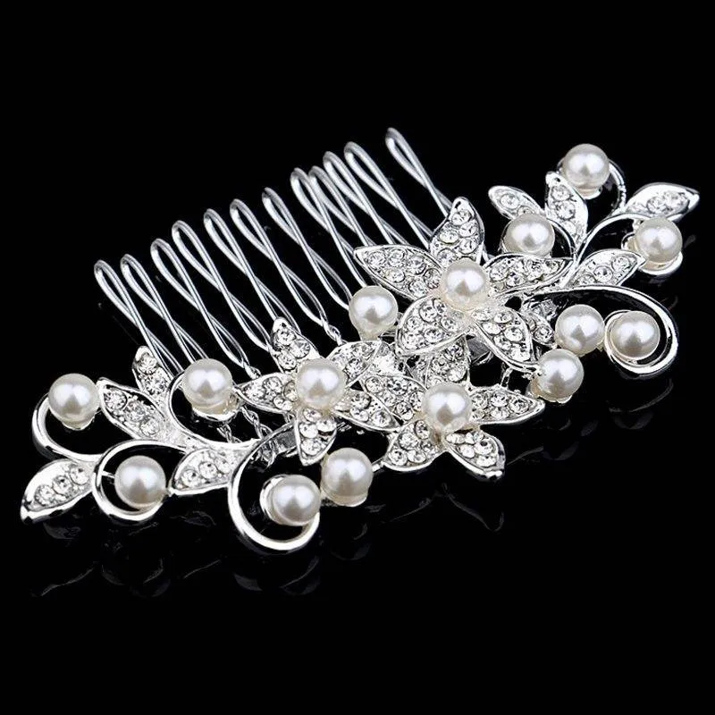 Sparkling Garden Crystal and Pearl Accented Hair Comb for Woman Special Occasion Bridal Prom