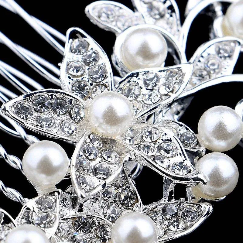 Sparkling Garden Crystal and Pearl Accented Hair Comb for Woman Special Occasion Bridal Prom