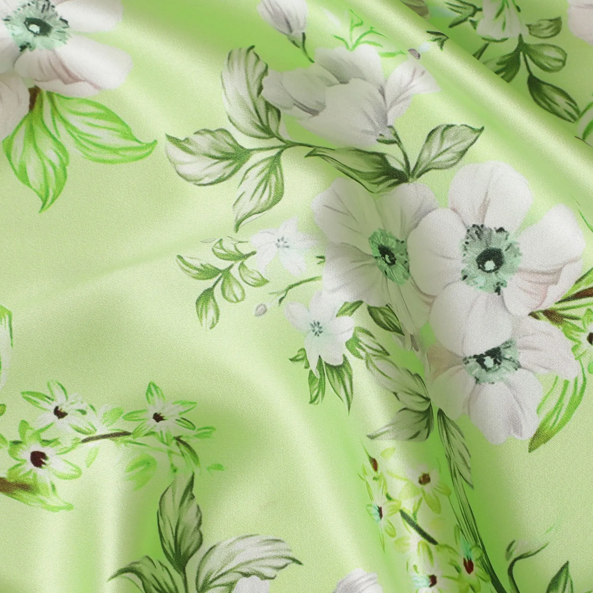 Spring Blossom Silk Satin Fabric - Fresh Green Italian Print, 140cm Wide - Shop Online-D18323