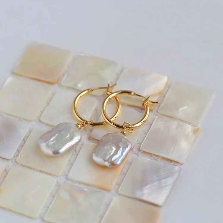 Square Baroque Pearl Drop Hoop Earrings