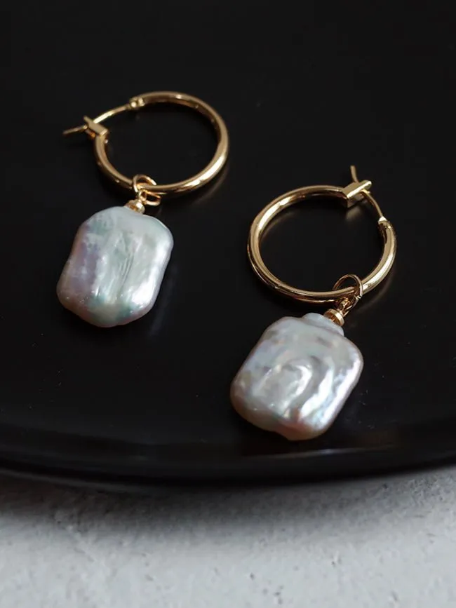 Square Baroque Pearl Drop Hoop Earrings