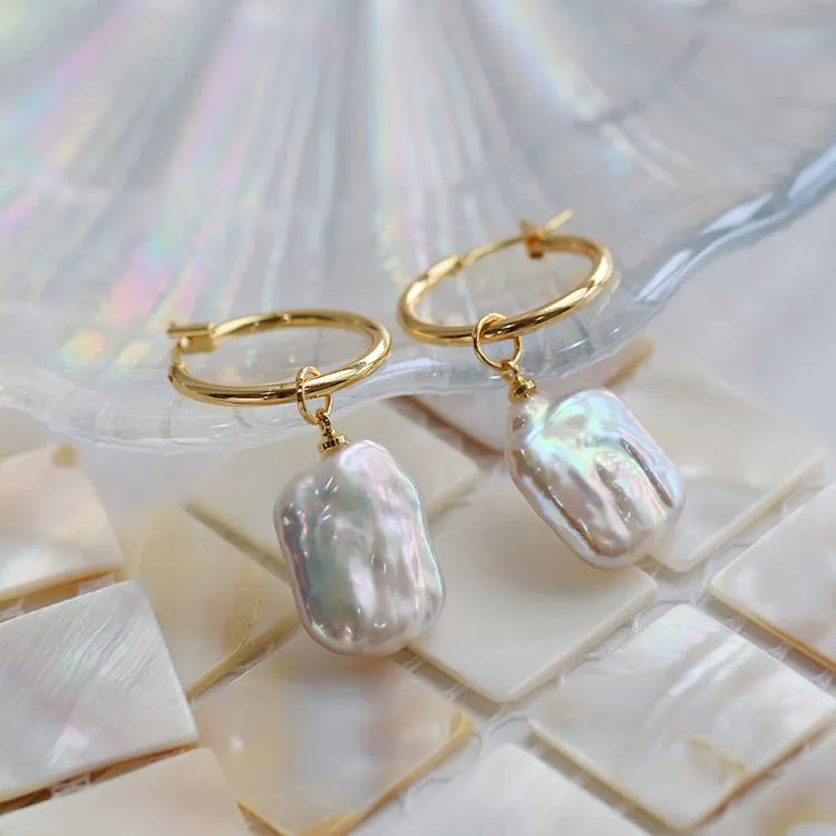 Square Baroque Pearl Drop Hoop Earrings