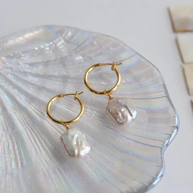 Square Baroque Pearl Drop Hoop Earrings