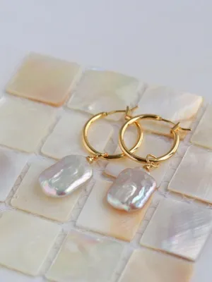 Square Baroque Pearl Drop Hoop Earrings