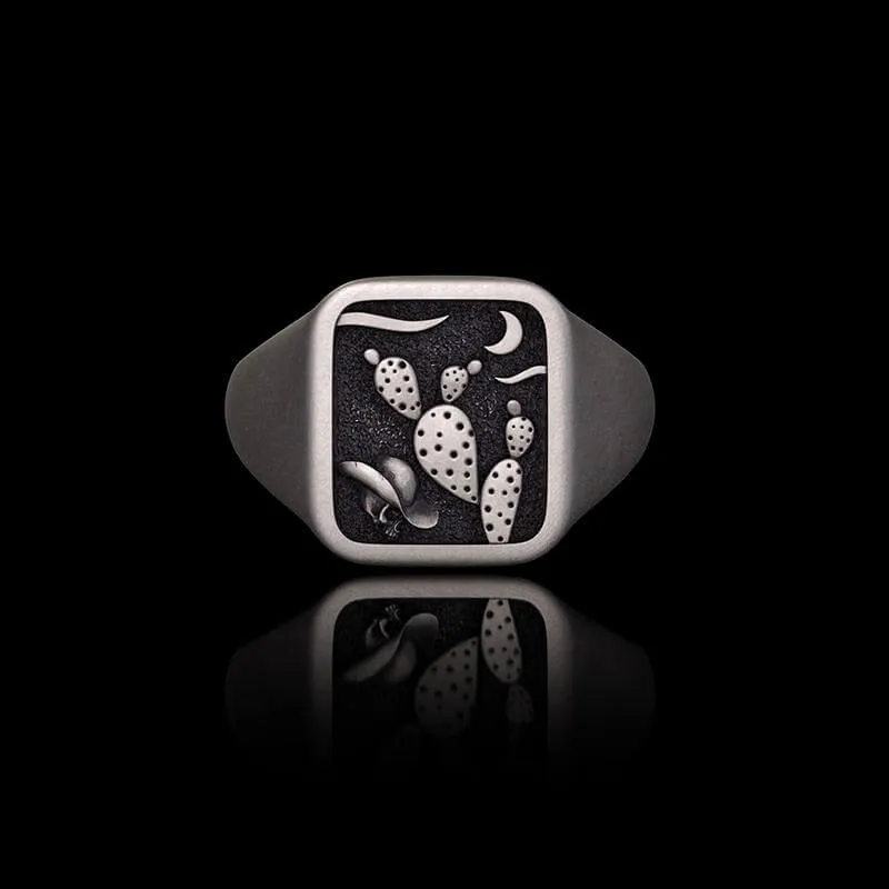 Square Cactus Cowboy Skull Sterling Silver Western Ring