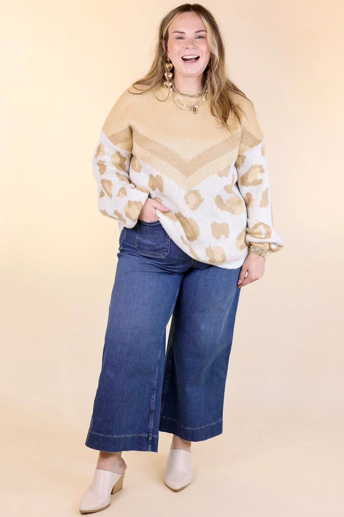 Thankful Thoughts Leopard Print and Chevron Print Block Sweater in Beige