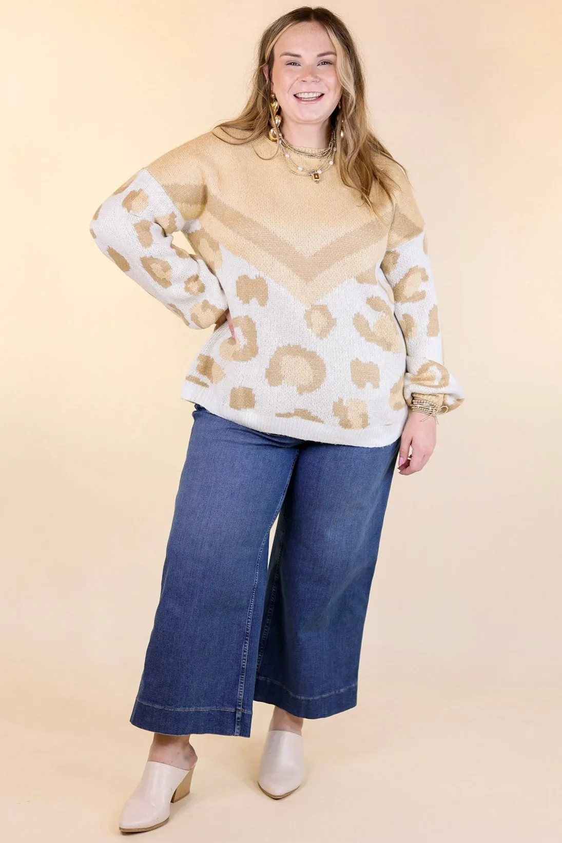 Thankful Thoughts Leopard Print and Chevron Print Block Sweater in Beige