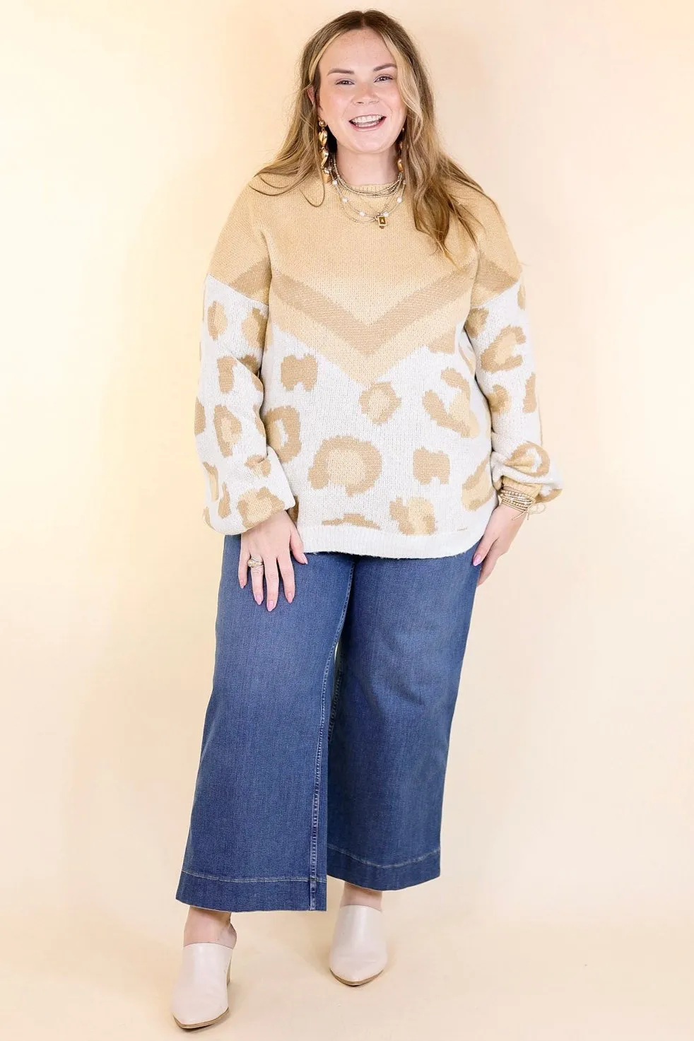 Thankful Thoughts Leopard Print and Chevron Print Block Sweater in Beige