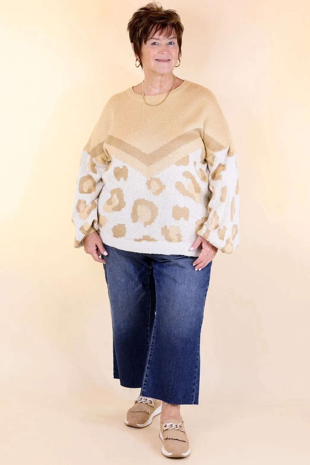 Thankful Thoughts Leopard Print and Chevron Print Block Sweater in Beige