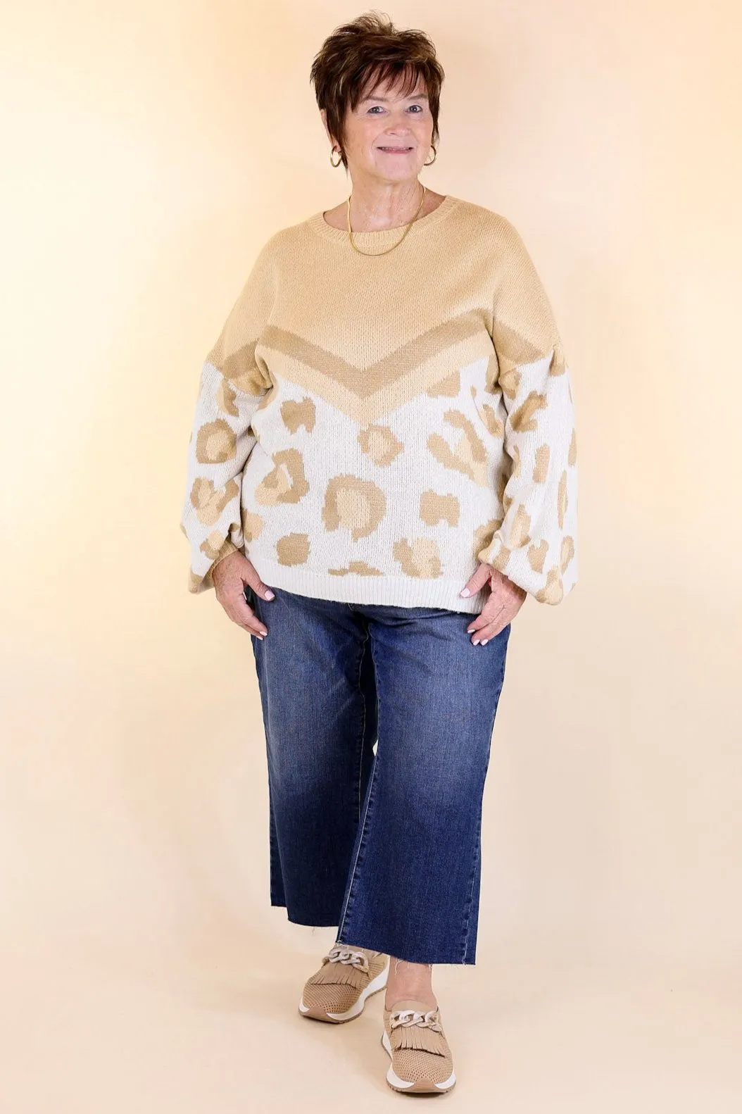 Thankful Thoughts Leopard Print and Chevron Print Block Sweater in Beige