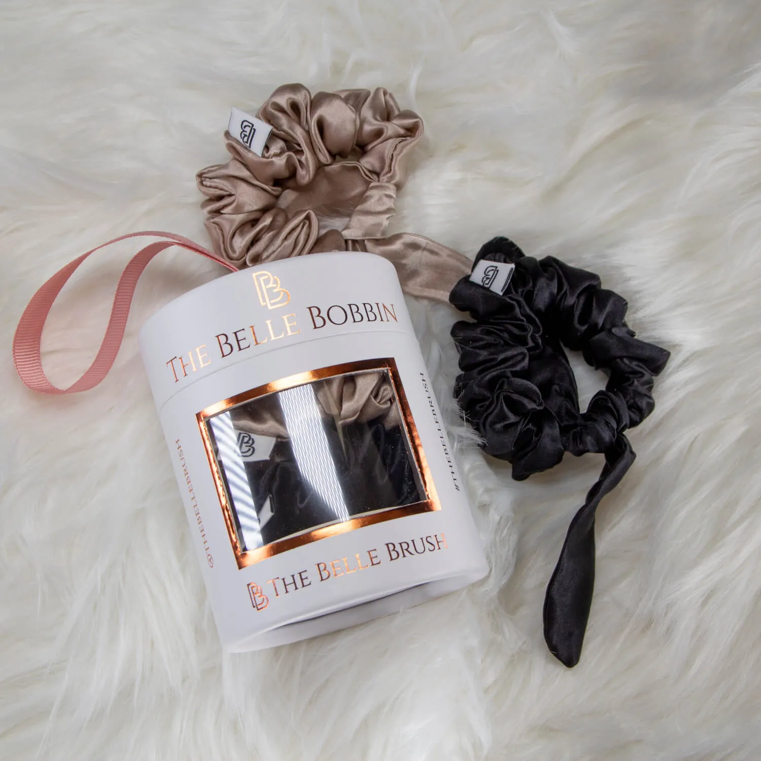 The Belle Bobbin - 2 x 100% Mulberry Silk Scrunchies - Black & Champagne