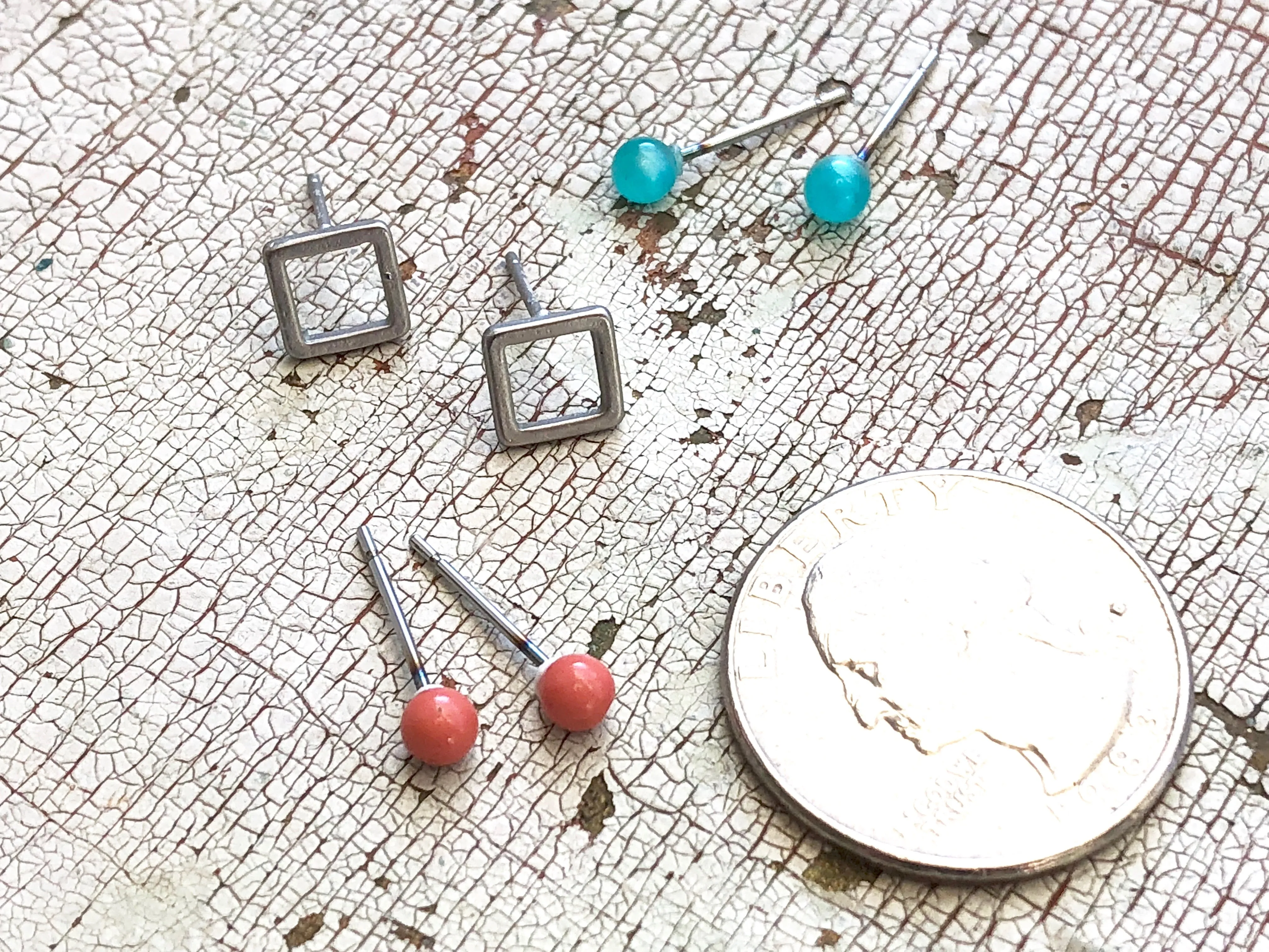 Tiny Teal Moonglow & Frosted Silver Square Geo Stud Earrings