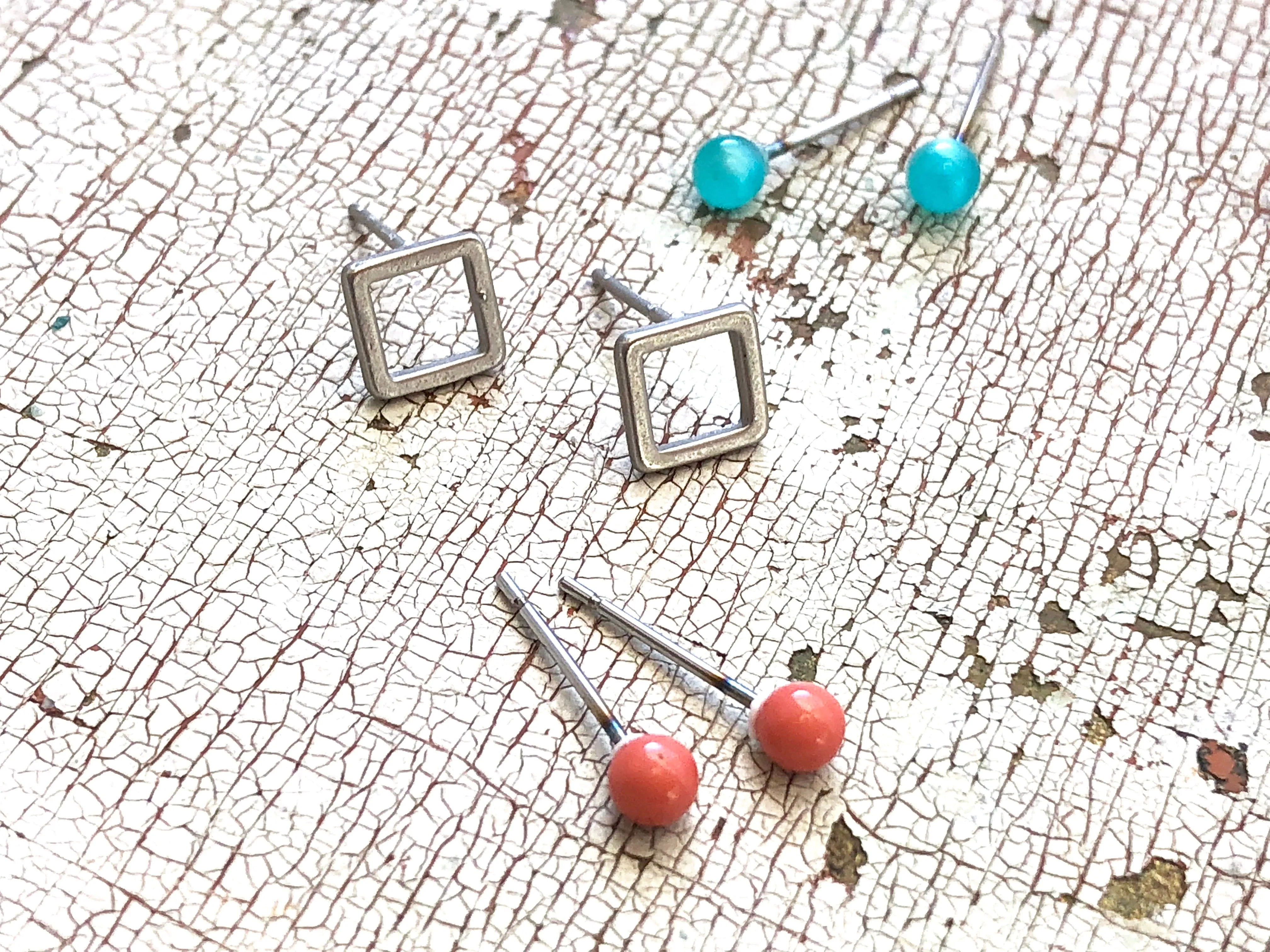 Tiny Teal Moonglow & Frosted Silver Square Geo Stud Earrings