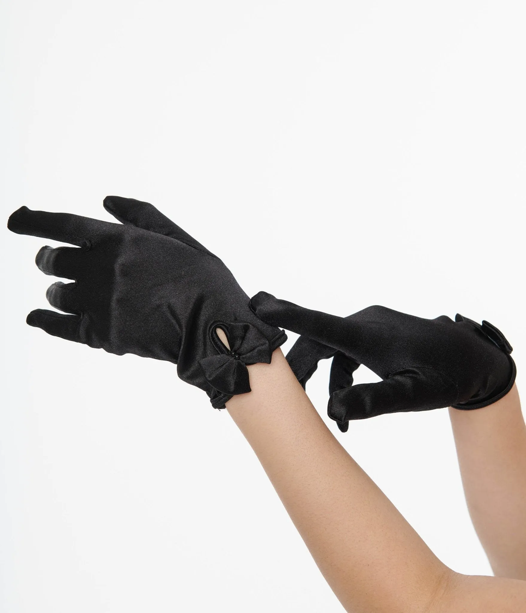 Unique Vintage 1950s Black Satin Bow Gloves