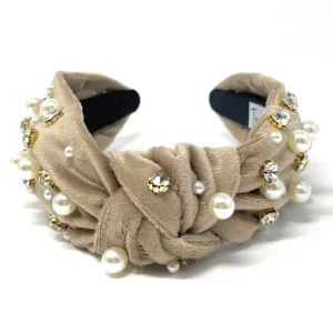 Velour Pearl Jeweled Knot Headband