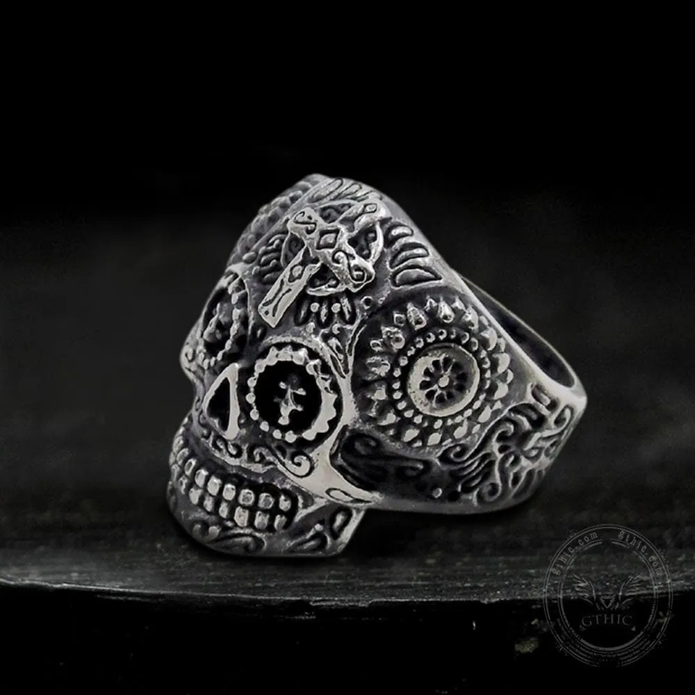 Vintage Cross Pattern Stainless Steel Skull Ring