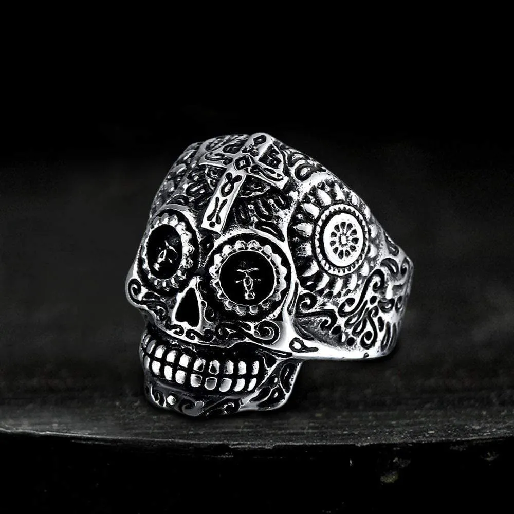 Vintage Cross Pattern Stainless Steel Skull Ring