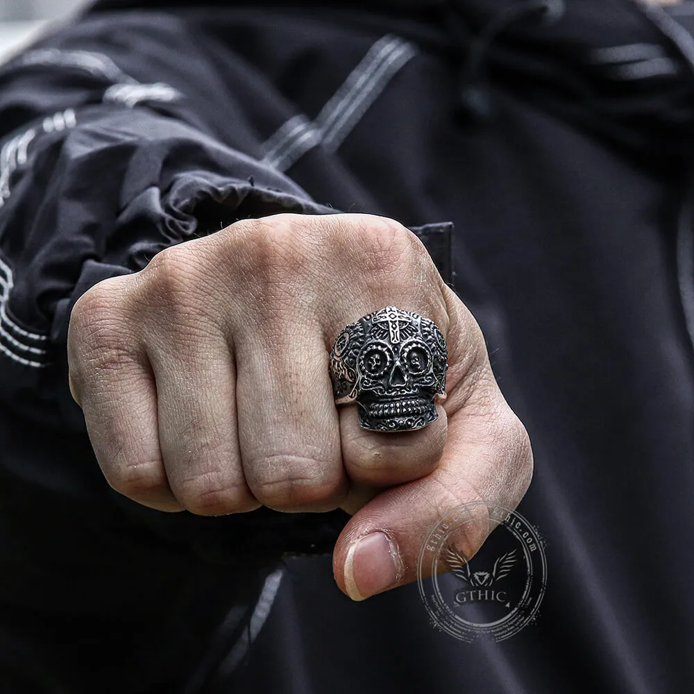 Vintage Cross Pattern Stainless Steel Skull Ring