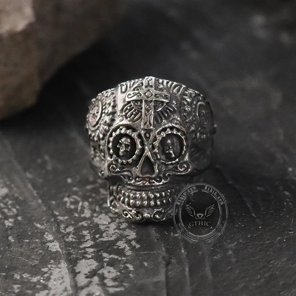 Vintage Cross Pattern Stainless Steel Skull Ring