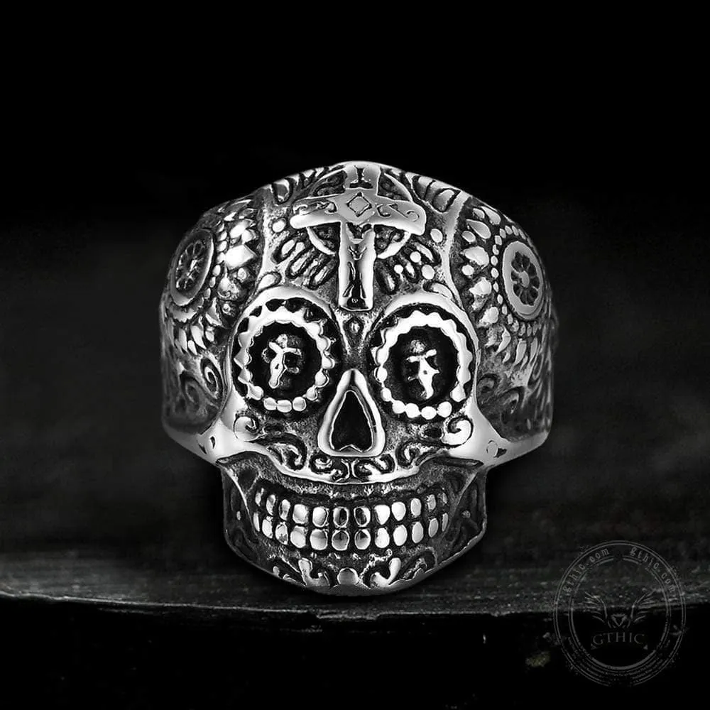 Vintage Cross Pattern Stainless Steel Skull Ring