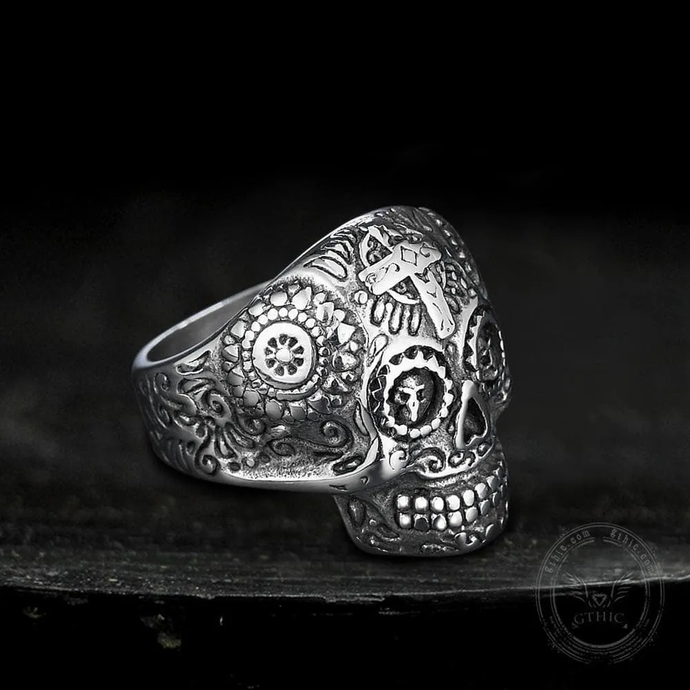 Vintage Cross Pattern Stainless Steel Skull Ring