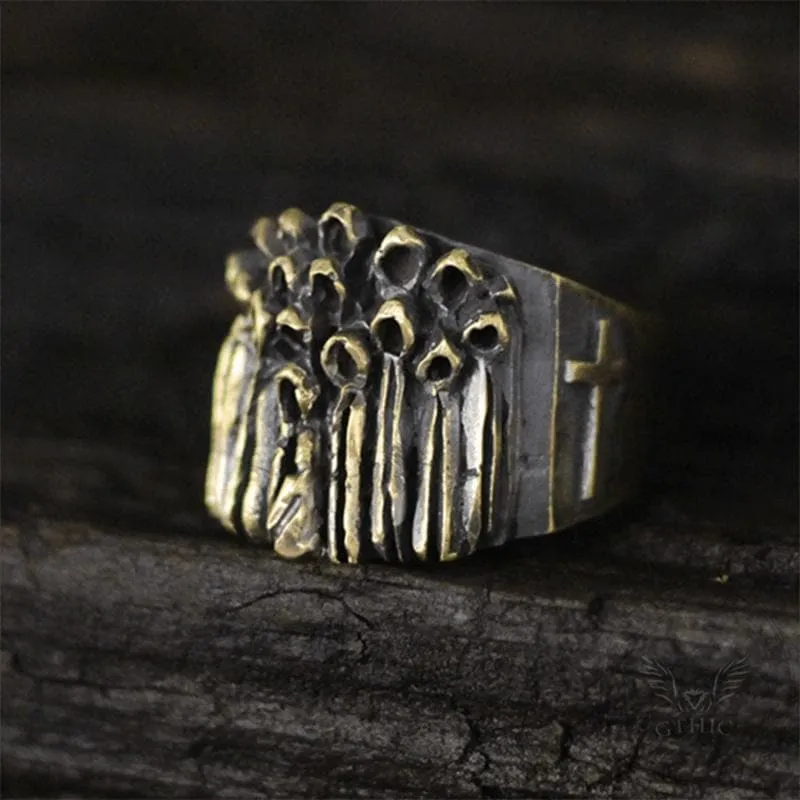 Vintage Ruin Cross Brass Sterling Silver Skull Ring