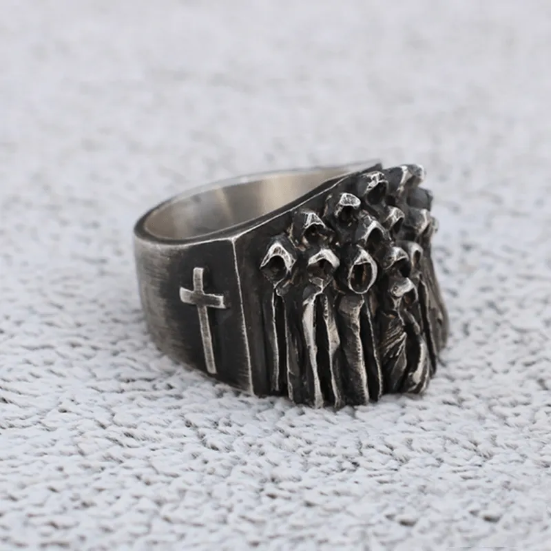 Vintage Ruin Cross Brass Sterling Silver Skull Ring