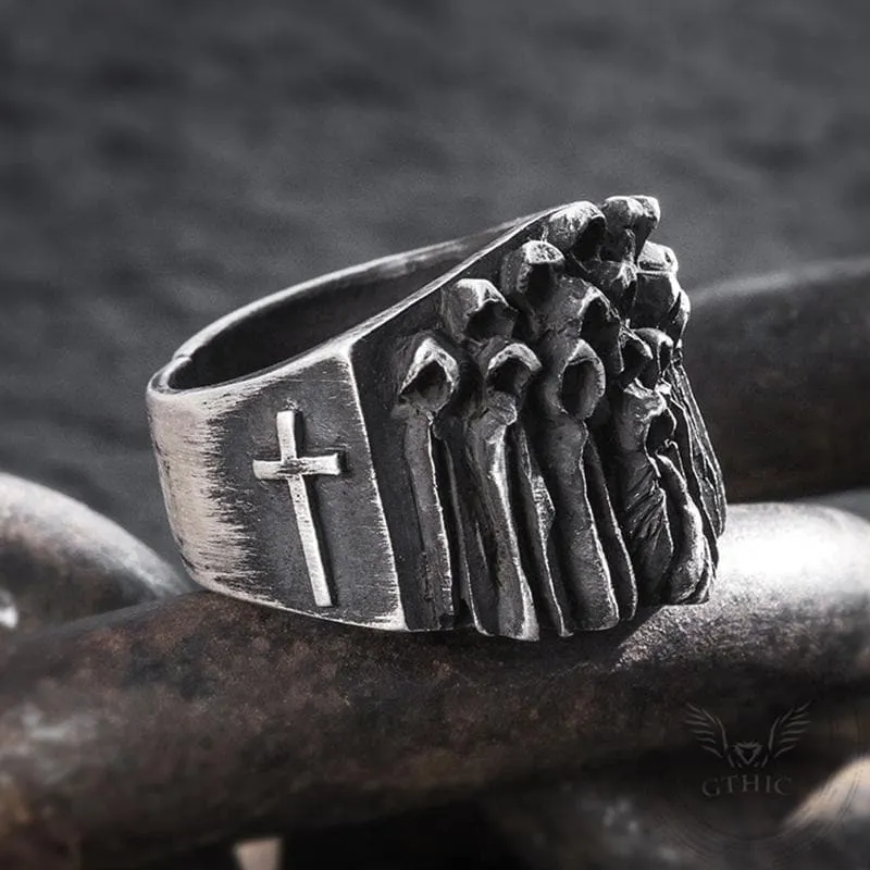 Vintage Ruin Cross Brass Sterling Silver Skull Ring