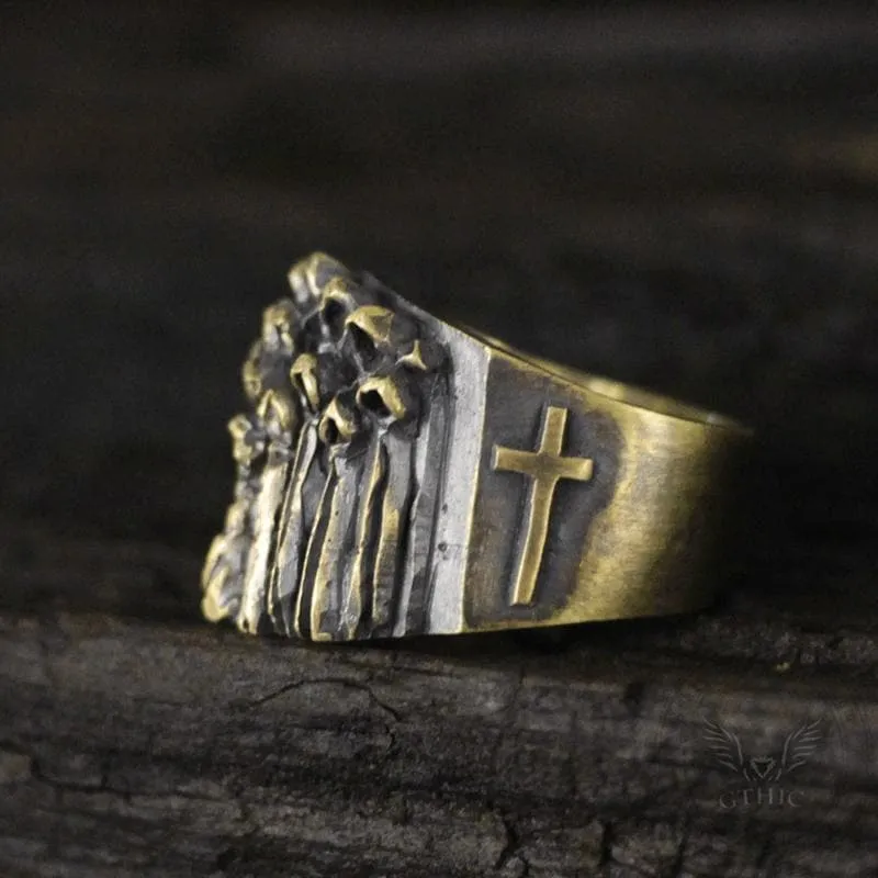 Vintage Ruin Cross Brass Sterling Silver Skull Ring