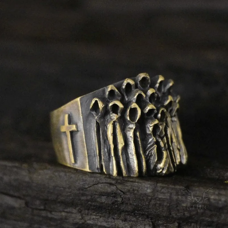 Vintage Ruin Cross Brass Sterling Silver Skull Ring