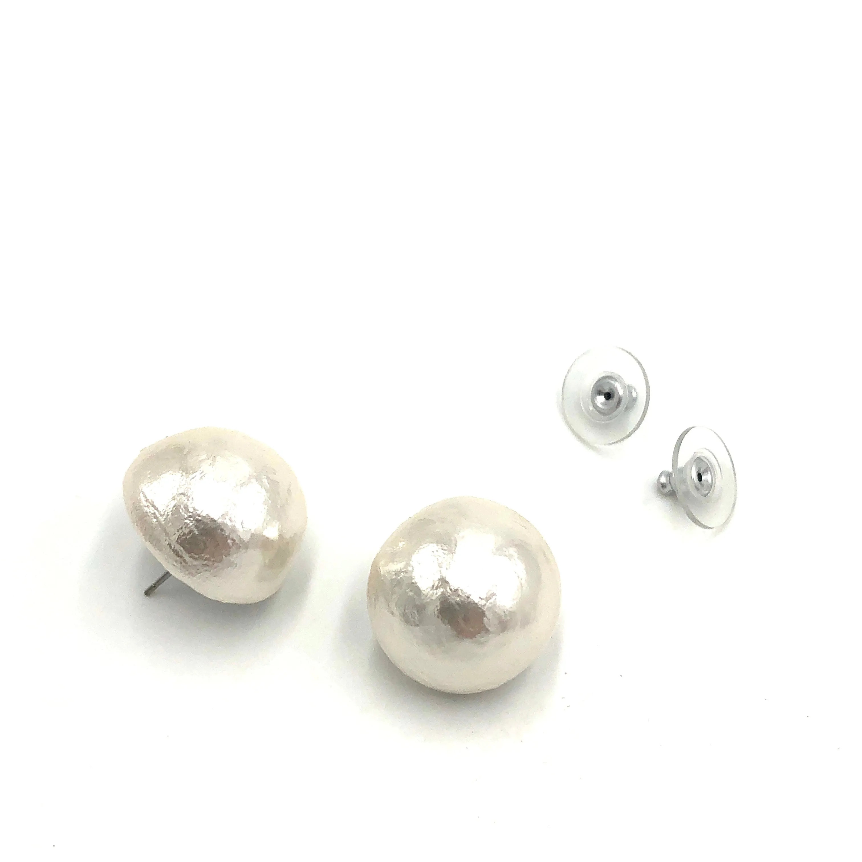 White Cotton Pearl Button Stud Earrings