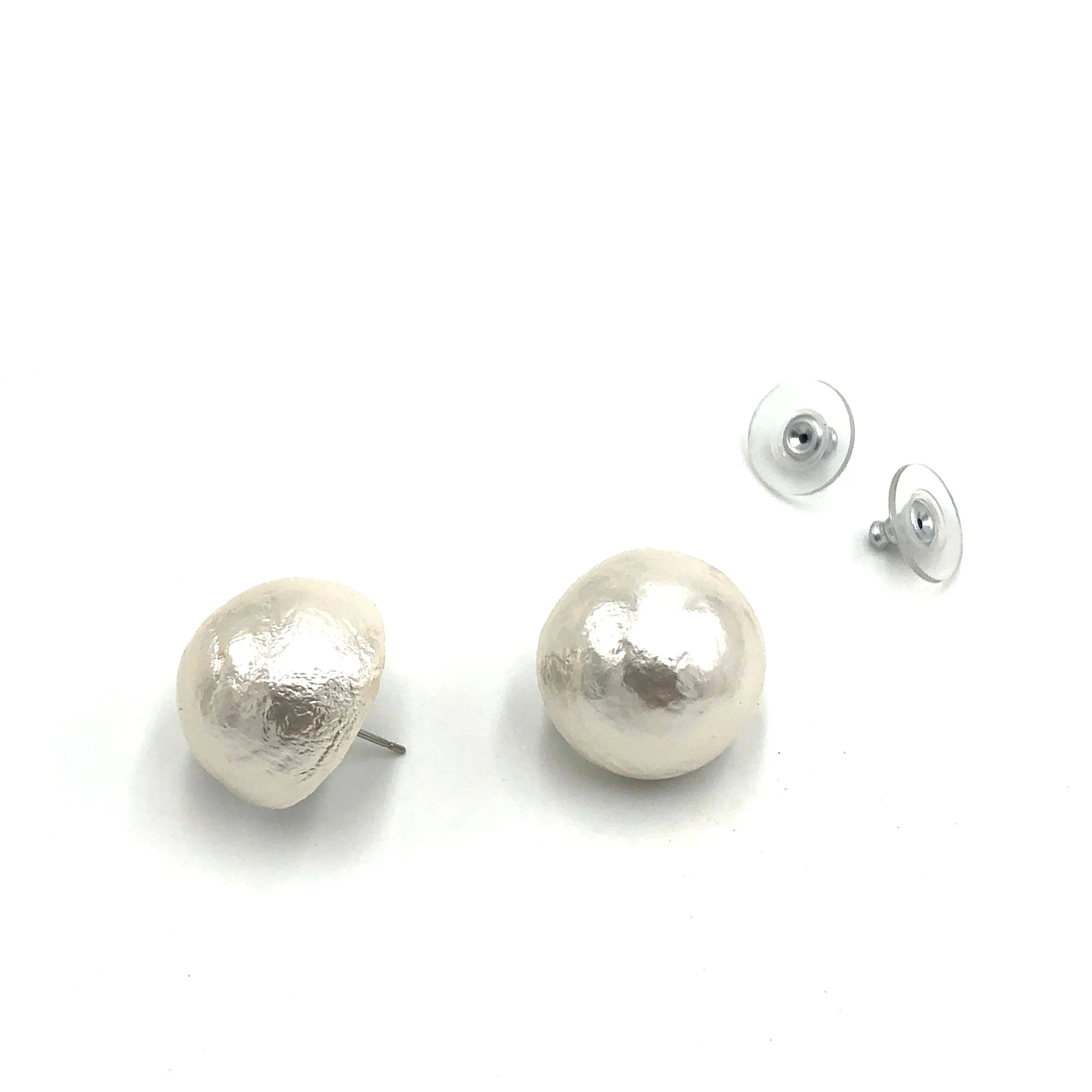 White Cotton Pearl Button Stud Earrings