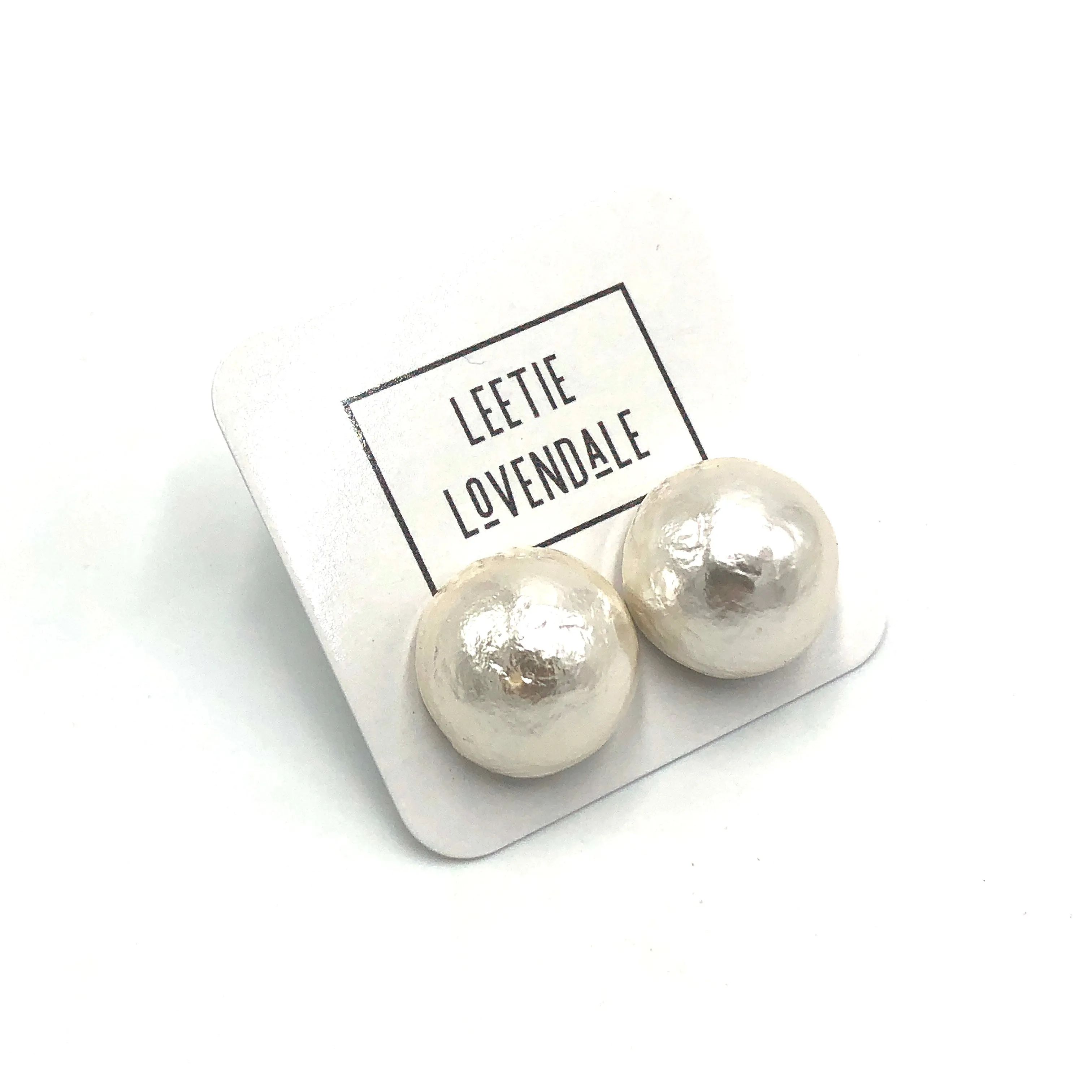 White Cotton Pearl Button Stud Earrings