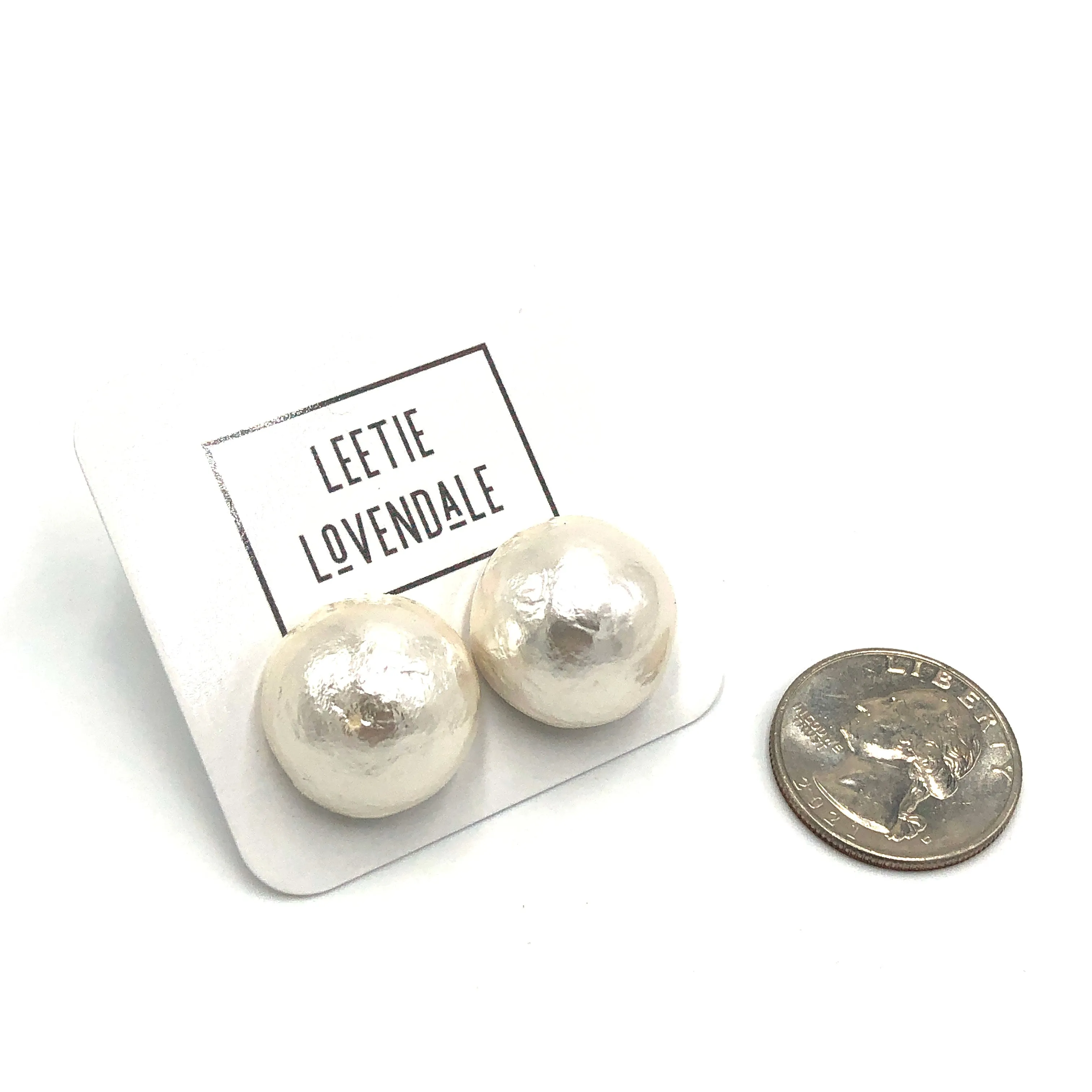 White Cotton Pearl Button Stud Earrings