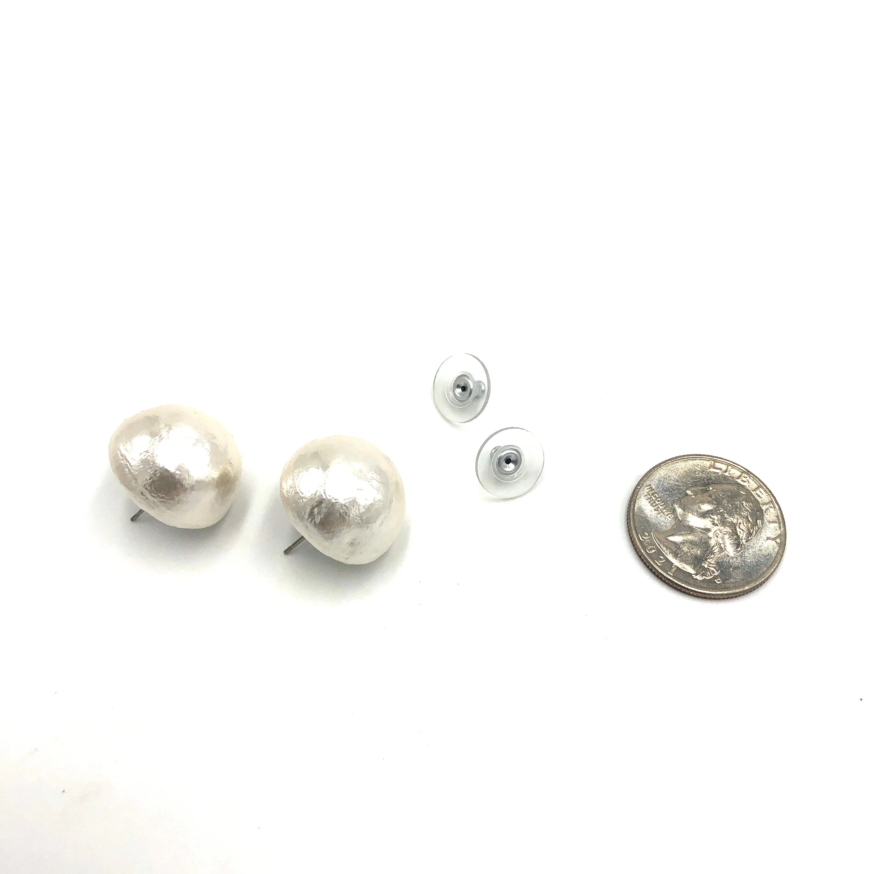 White Cotton Pearl Button Stud Earrings