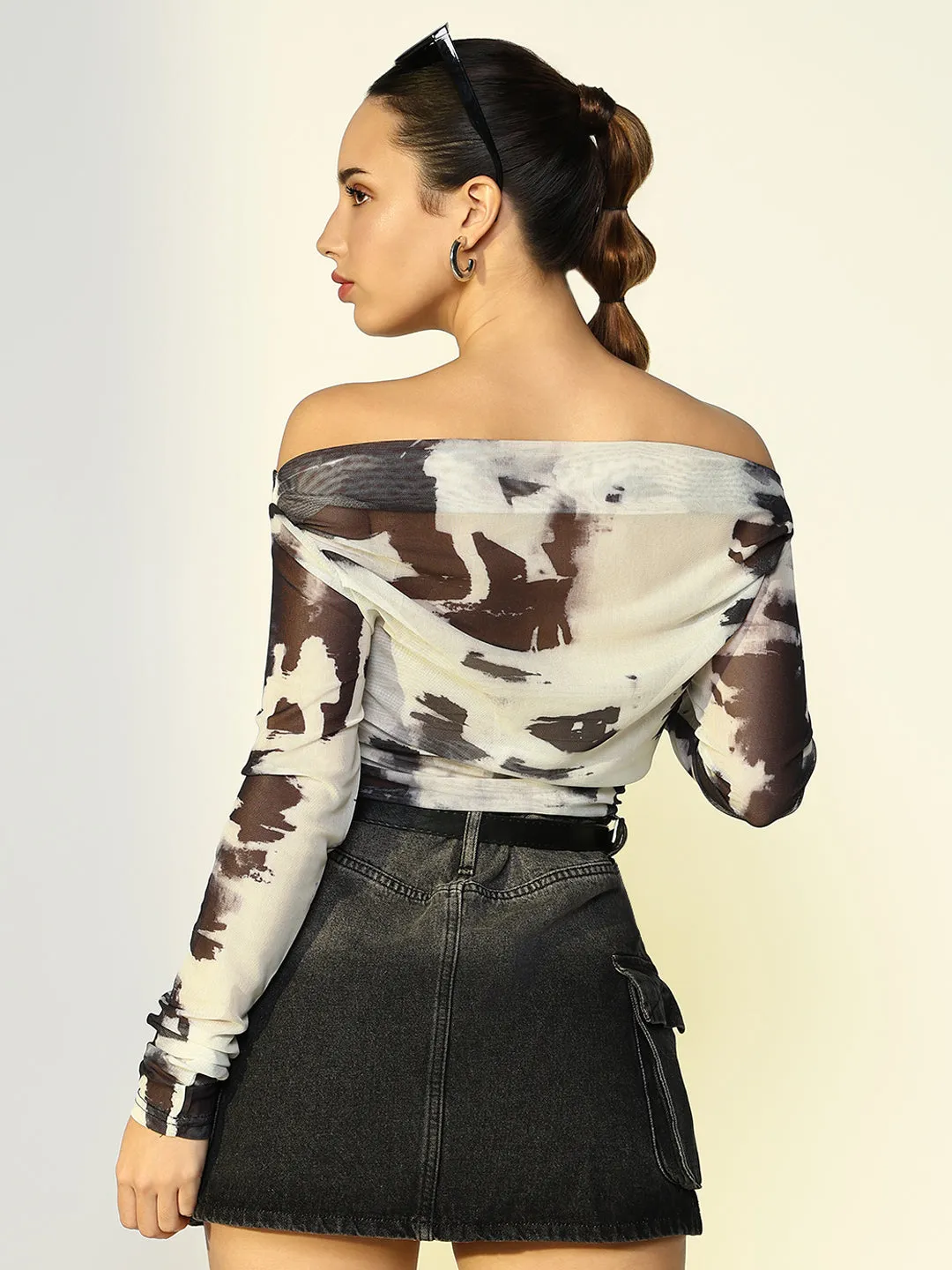 Women Abstract Off Shoulder White Top