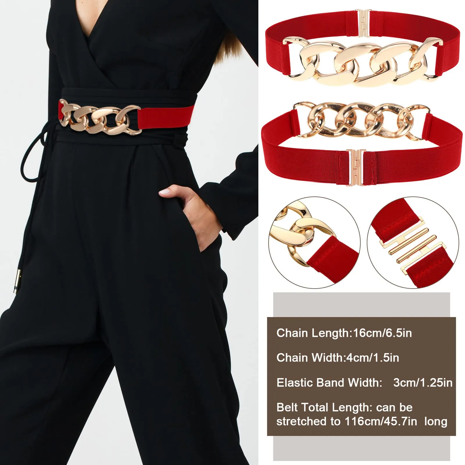 Zhanmai 4 Pieces Belts for Women Metal Gold Stretch Waist Belt Skinny Wide Chain Belt Elastic Belt for Dress